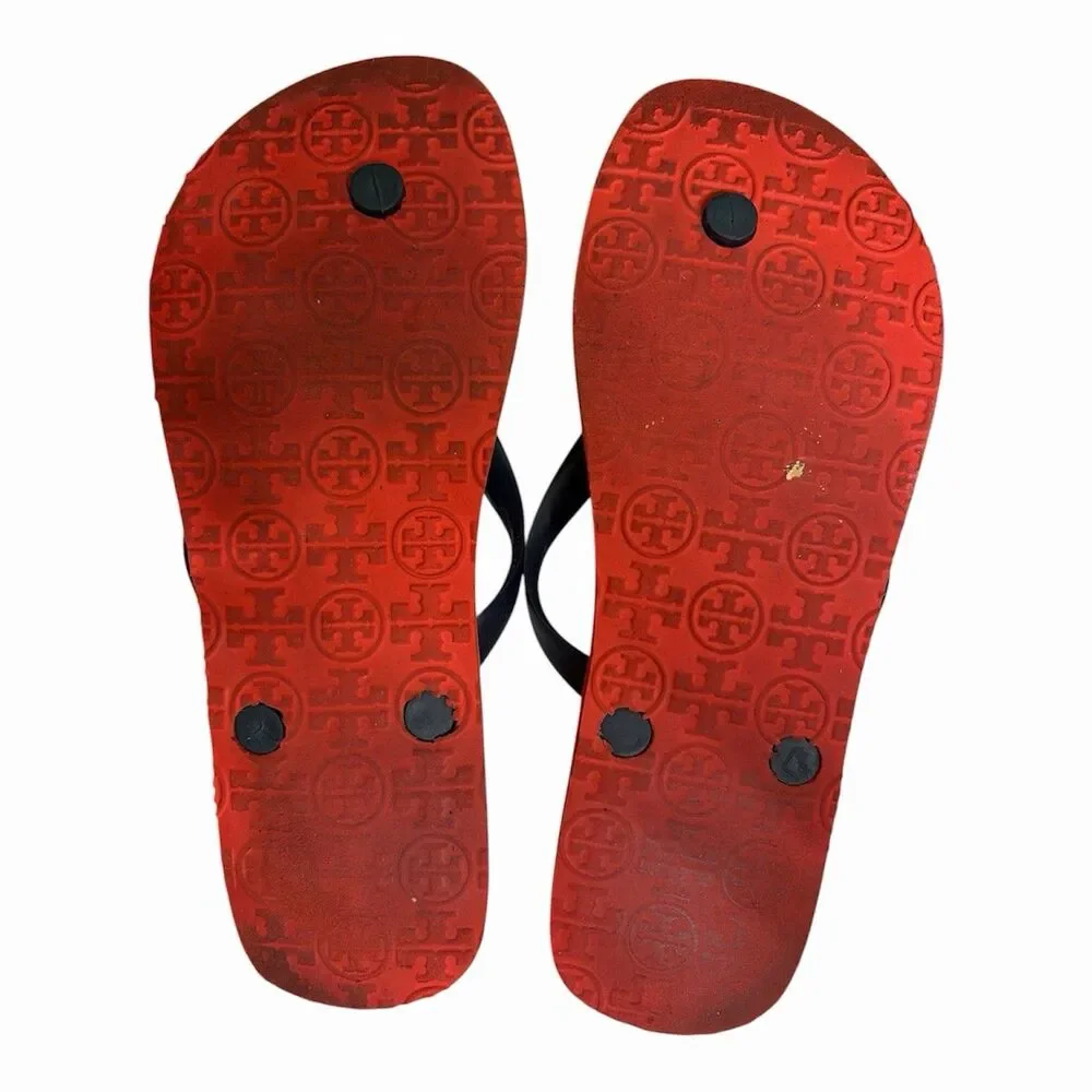 Tory Burch Red & Navy blue Gold Logo Original Wide Strap Flip Flops Sandals Sz 8